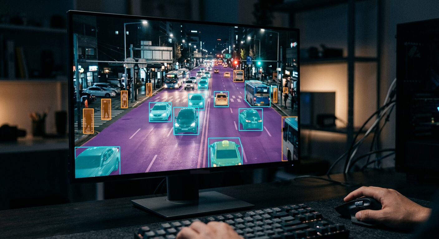 Monitor showing a city street scene annotated with bounding boxes and segmentation masks