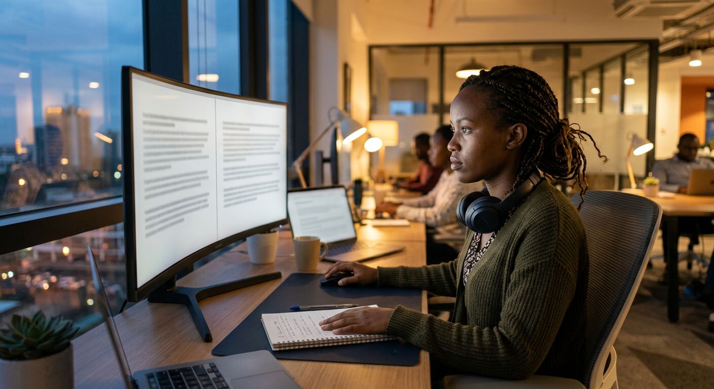 An evaluator in a Nairobi office comparing two model responses side by side on a monitor
